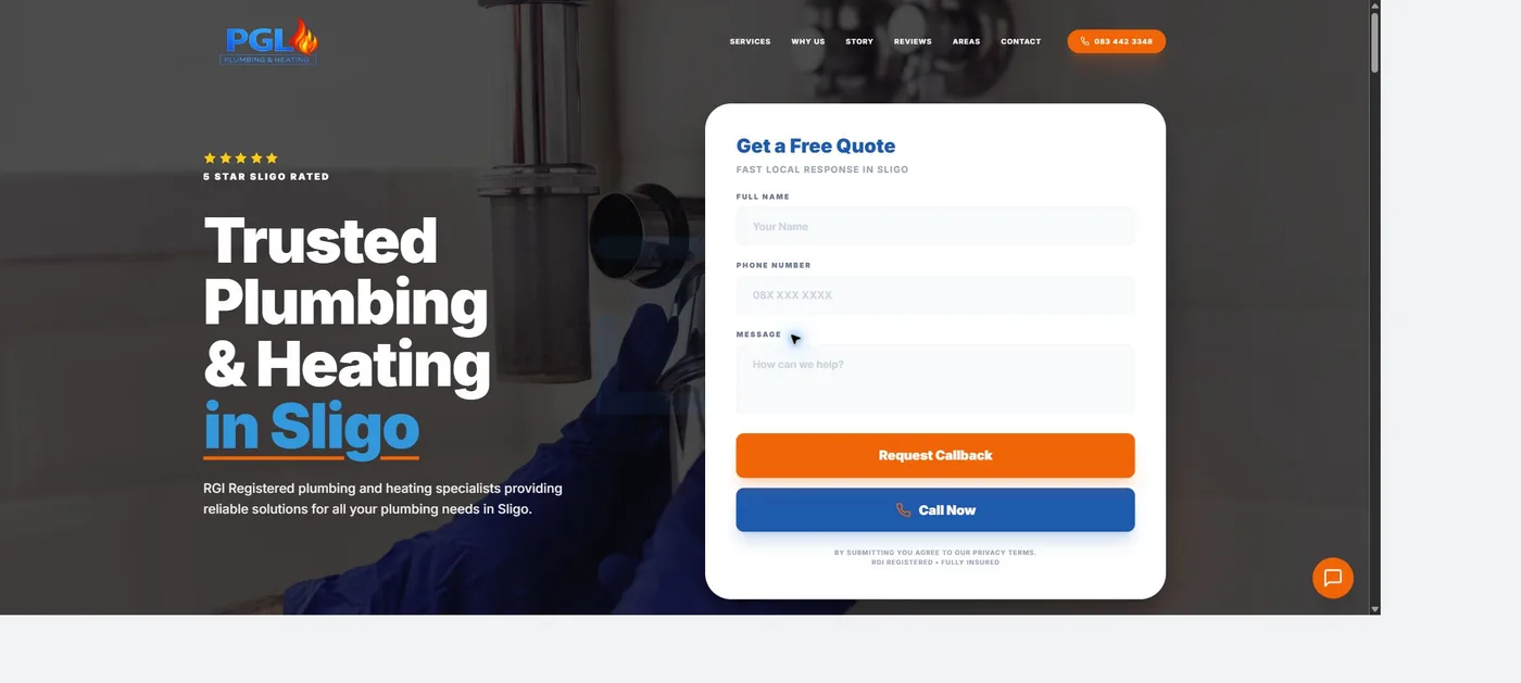 PGL Plumbing and Heating homepage showing Sligo coverage, plumbing services and a callback form
